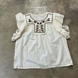 Max Studio Shirt Womens XL Beige Embroidered Ruffle Sleeve‎ Boho Chic